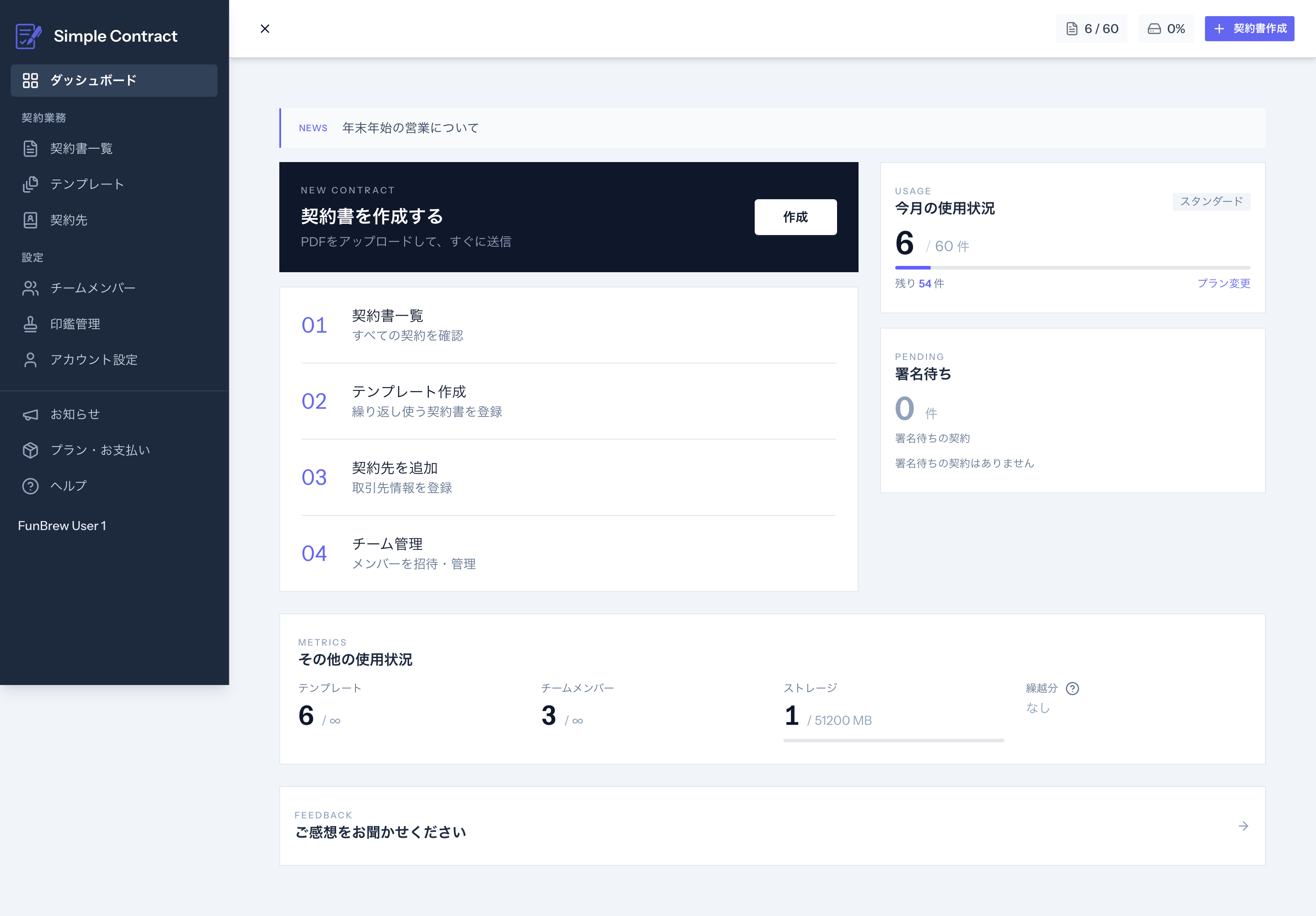 Simple Contract ダッシュボード画面